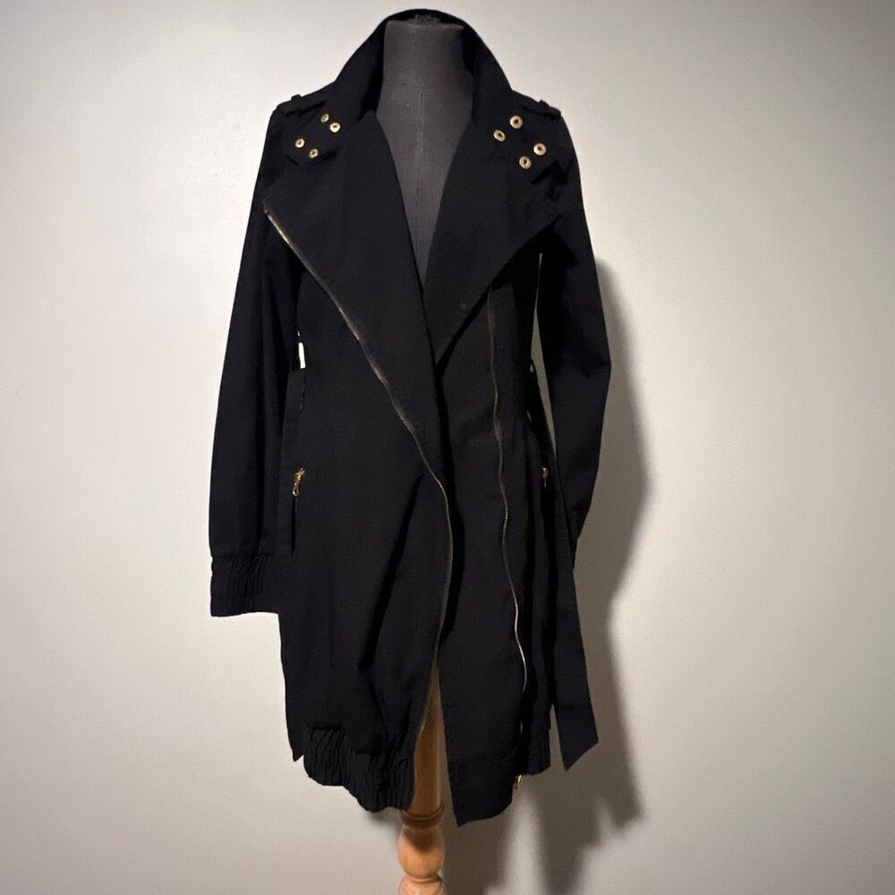 Beverly Hills Polo Club Women's Black Asymmetrical Zip Belted Trench Coat Medium